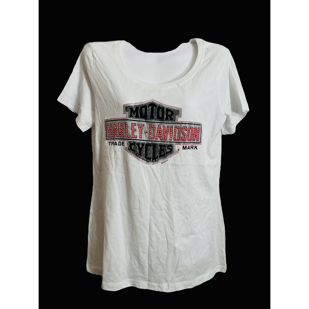 Harley Davidson Sz Medium 2019 White Crystal Bedazzled Graphic Tee Shirt Womens
